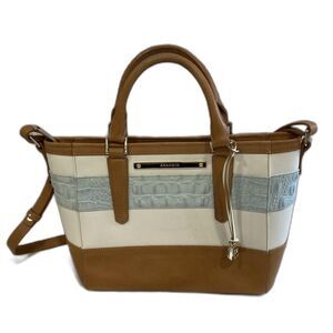 Brahmin Mini Arno French Blue White Brown Vineyard Tri Texture Leather Handbag
